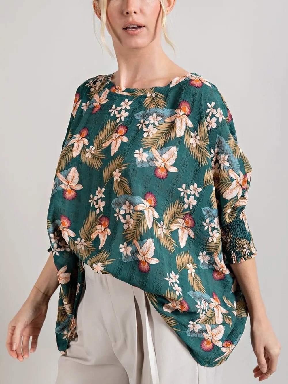 eesome Teal Green Oversized Tropical Floral Boatneck Tunic Size Small
